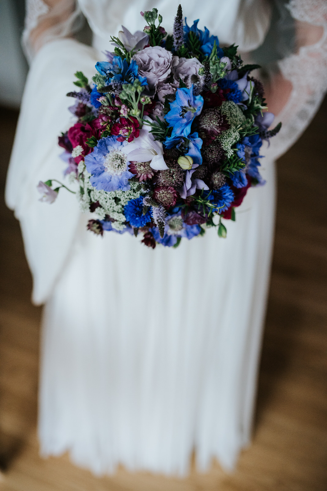 Detail photo of stunning blue bridal bouquet