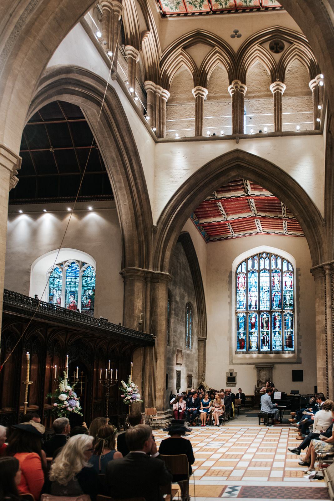 View from inside Jesus College Chapel as guests await the arriva