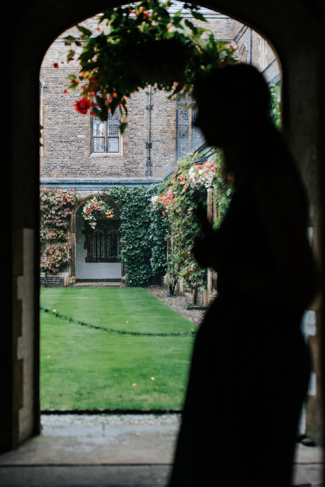 View from Jesus College Chapel into Cloister Court as bridesmaid