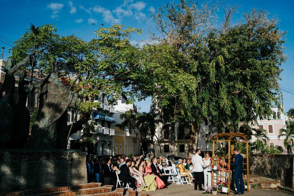  Wide photograph of where the wedding ceremony took place at La Rogativa in Old San Juan, Puerto Rico with a beautiful, sun-lit tree in the background and guests at the front 