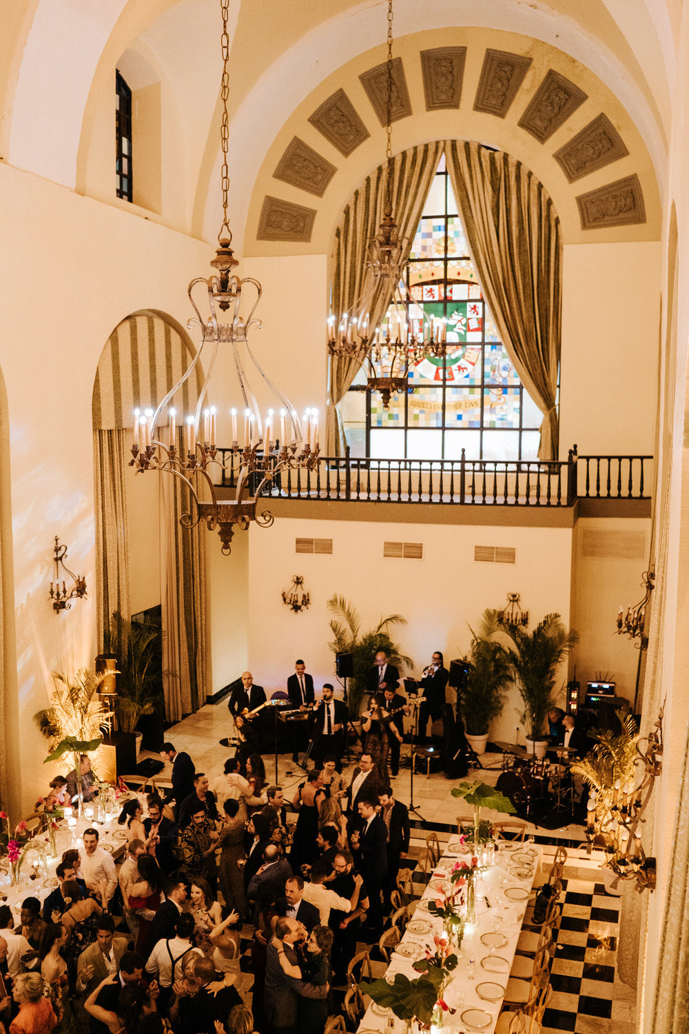  Wide photograph of the dancefloor and beautiful wedding room at El Convento in Old San Juan Puerto Rico 