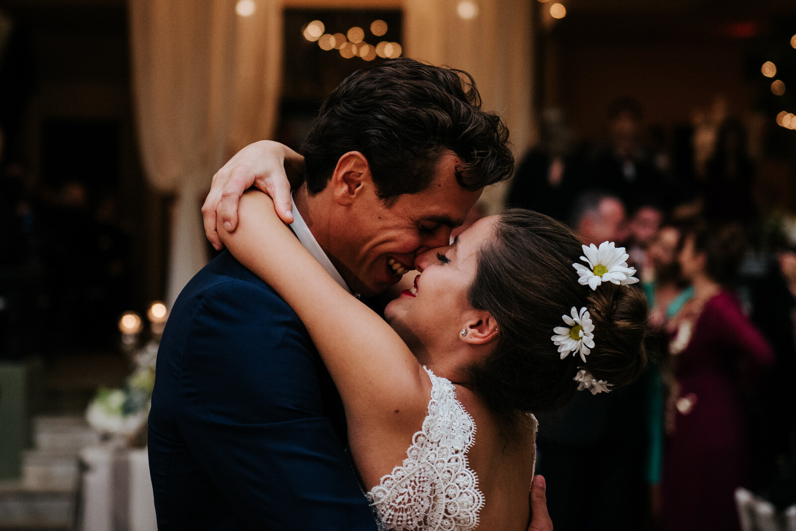 Bride and groom hug and kiss during sentimental first dance in Puerto Rico's Hotel El Convento