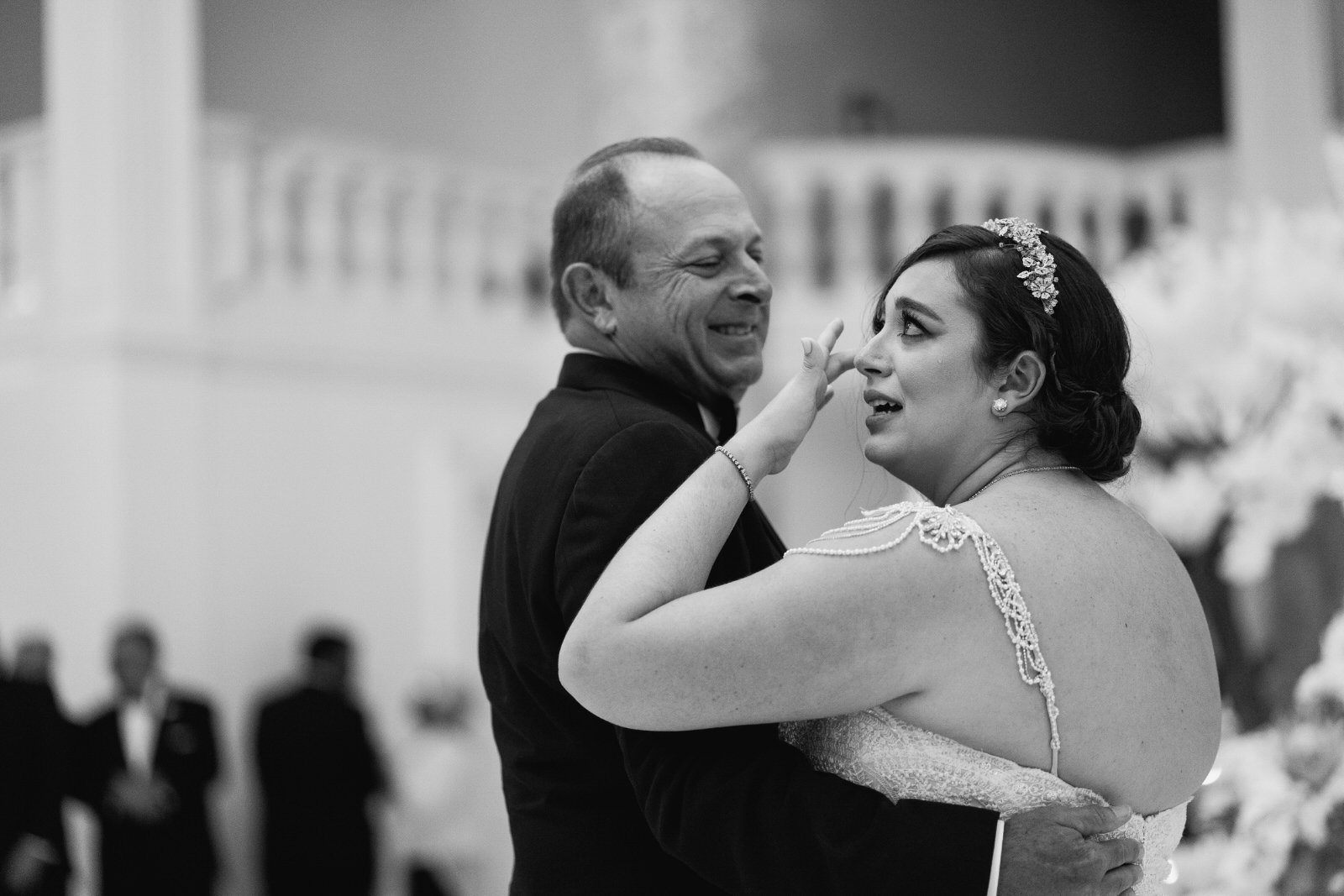 Emotional bride cries as she shares a first dance with her father at Antiguo Casino wedding in Puerto Rico