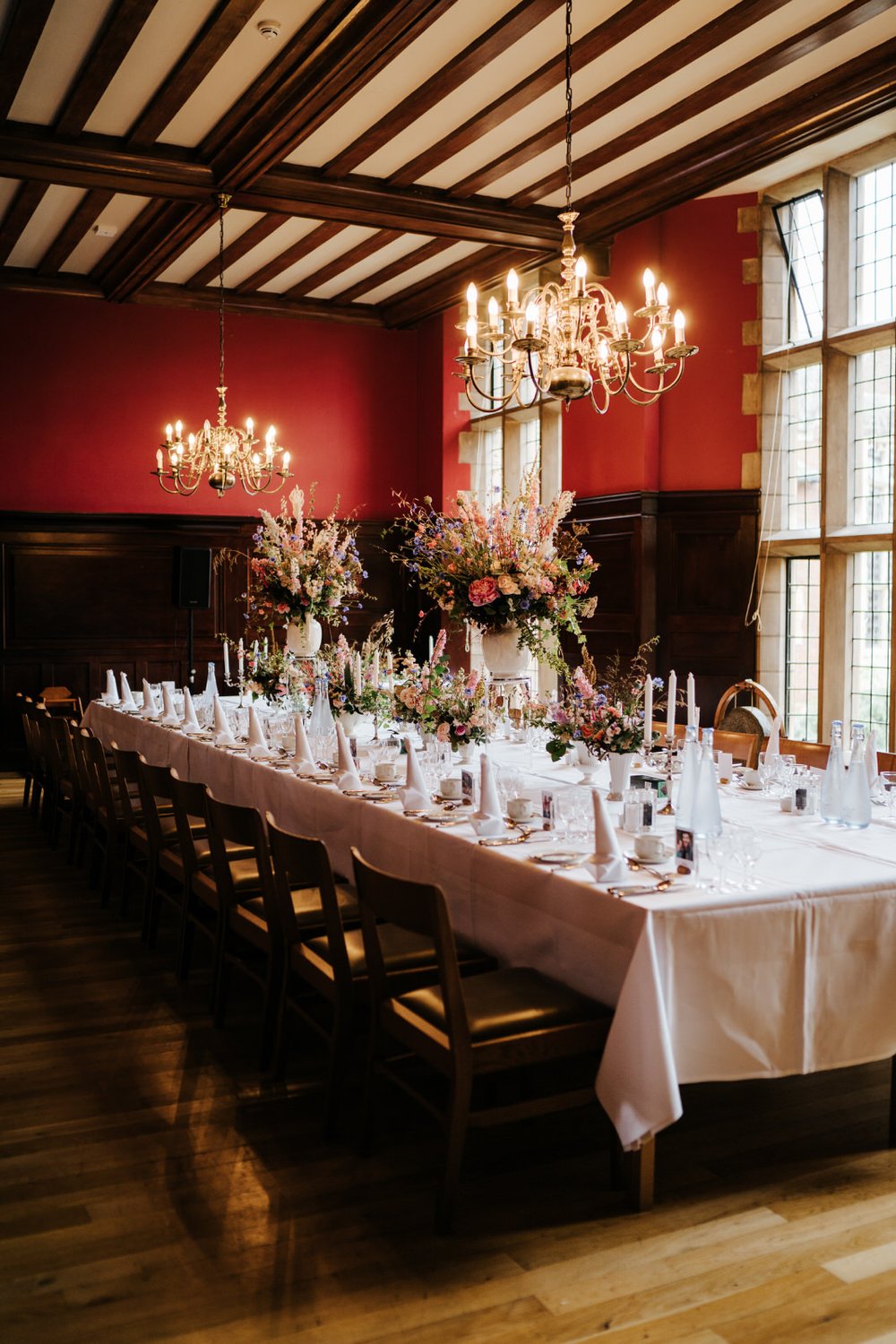 Timeless wild and colourful wedding flowers at Jesus College in Cambridge