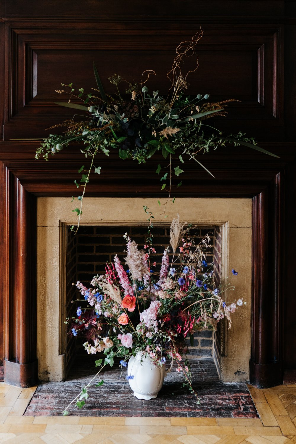 Photograph of lush, colourful and rustic wedding flowers by Wild Rosamund