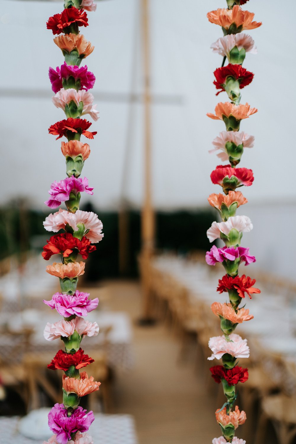 Close-up shot of colourful flowers used in marquee decoration 