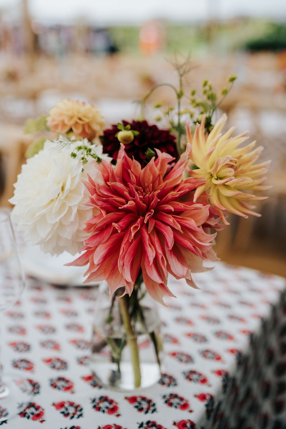 Close-up of beautiful and colourful dahlias used in wedding day decoration for British garden wedding