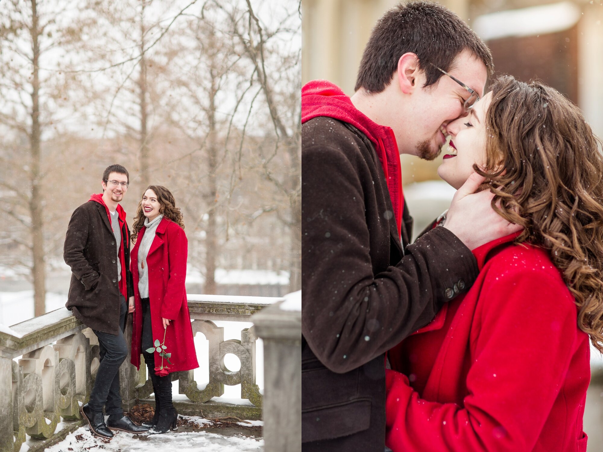 pittsburgh wedding photographer, winter photoshoot outfit ideas, what to wear for a winter photoshoot, winter engagement photos, winter engagement photos snow, mellon park engagement photos