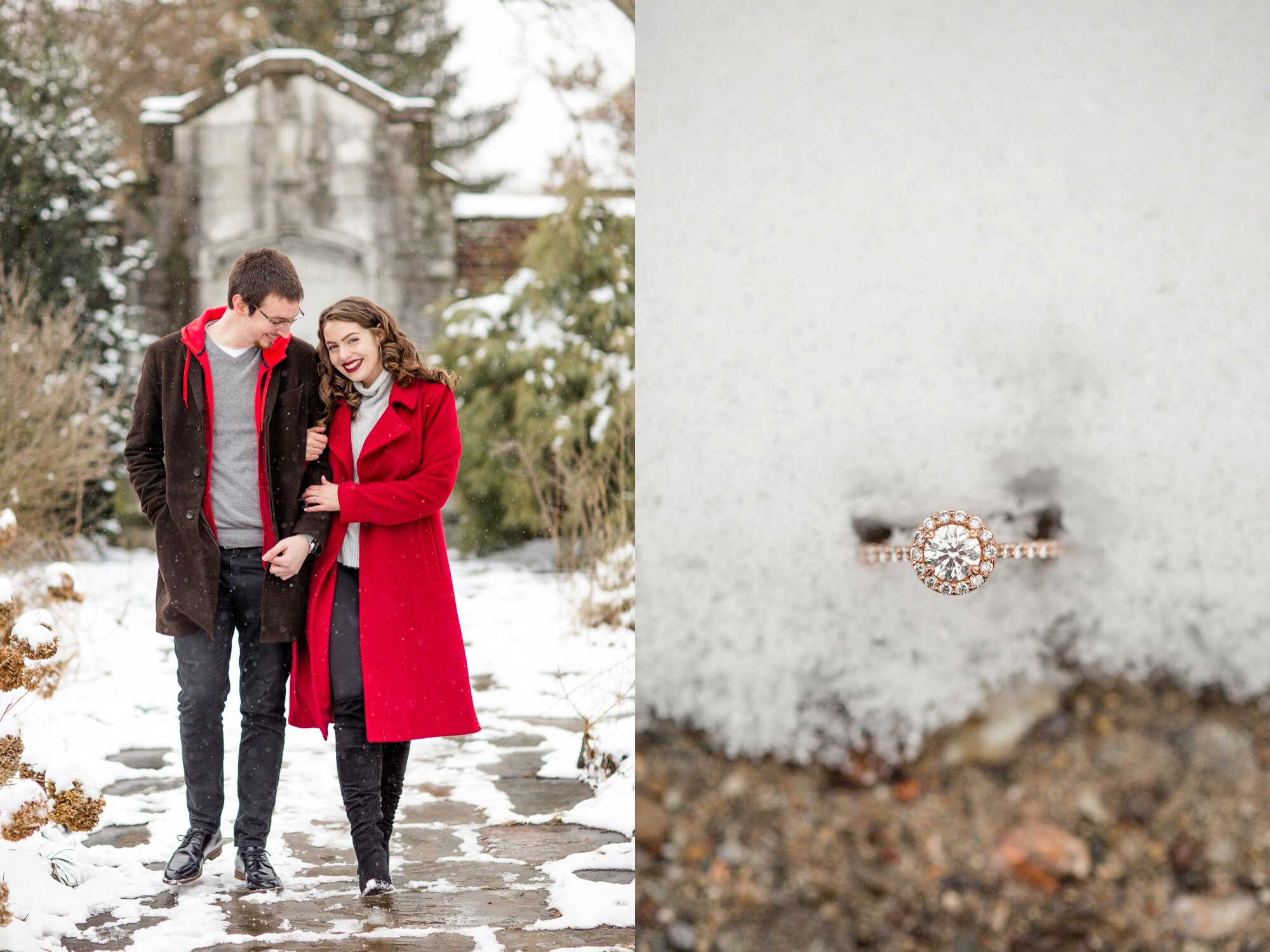 pittsburgh wedding photographer, winter photoshoot outfit ideas, what to wear for a winter photoshoot, winter engagement photos, winter engagement photos snow, mellon park engagement photos