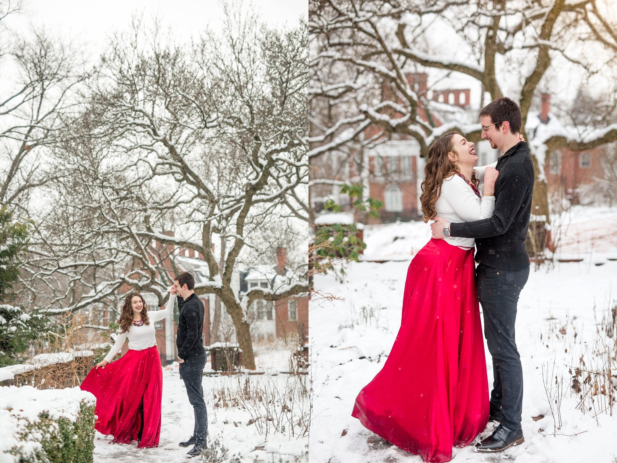 pittsburgh wedding photographer, winter photoshoot outfit ideas, what to wear for a winter photoshoot, winter engagement photos, winter engagement photos snow, mellon park engagement photos