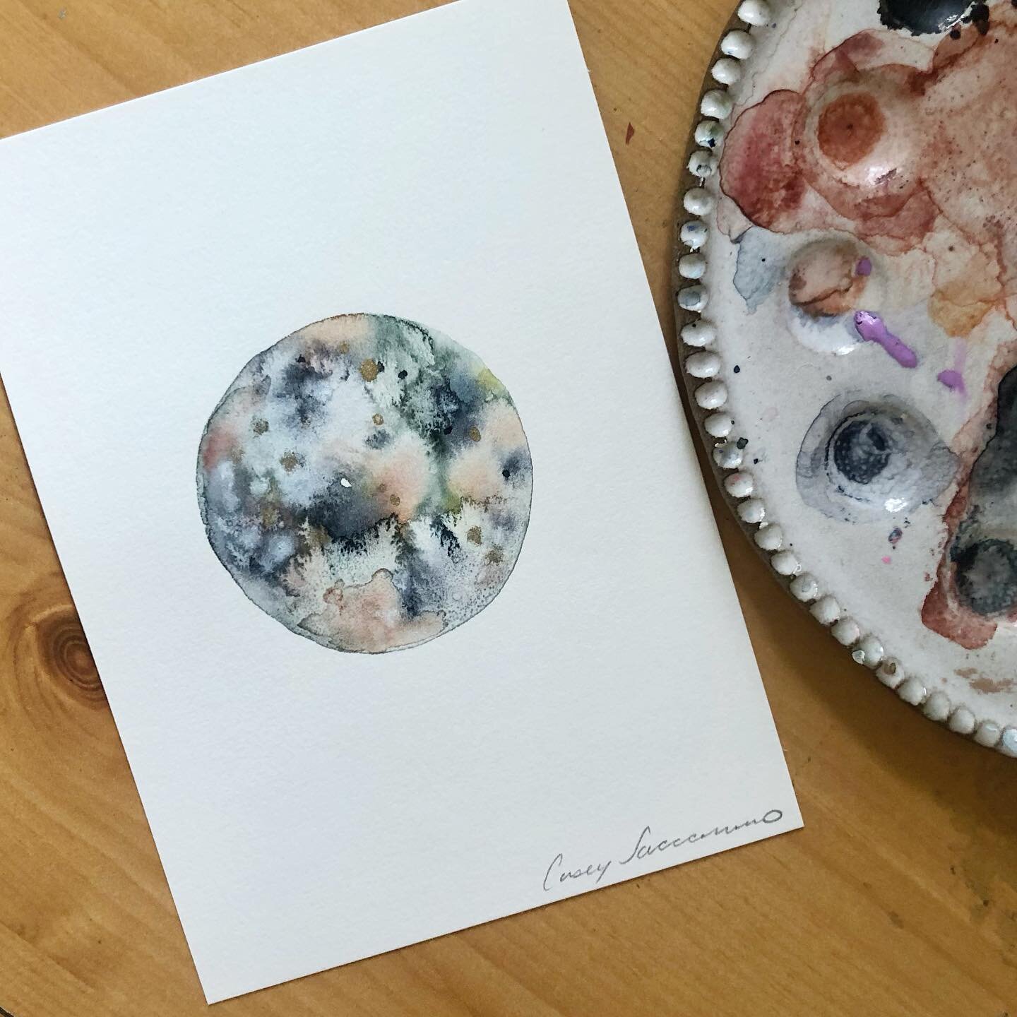 Moons are my favorite subject matter when I need to relinquish control over the paint &amp; allow the water to take control. These minis are list on my website shop &amp; will be available at my next @berwynfarmersmarket date on 10/15