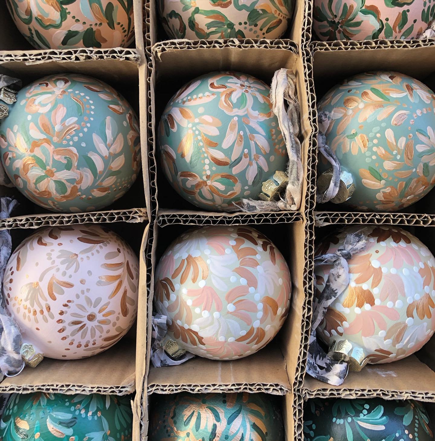 Another batch of 12 hand painted ceramic ornaments are packed &amp; headed to @craftandmercantile tonight!