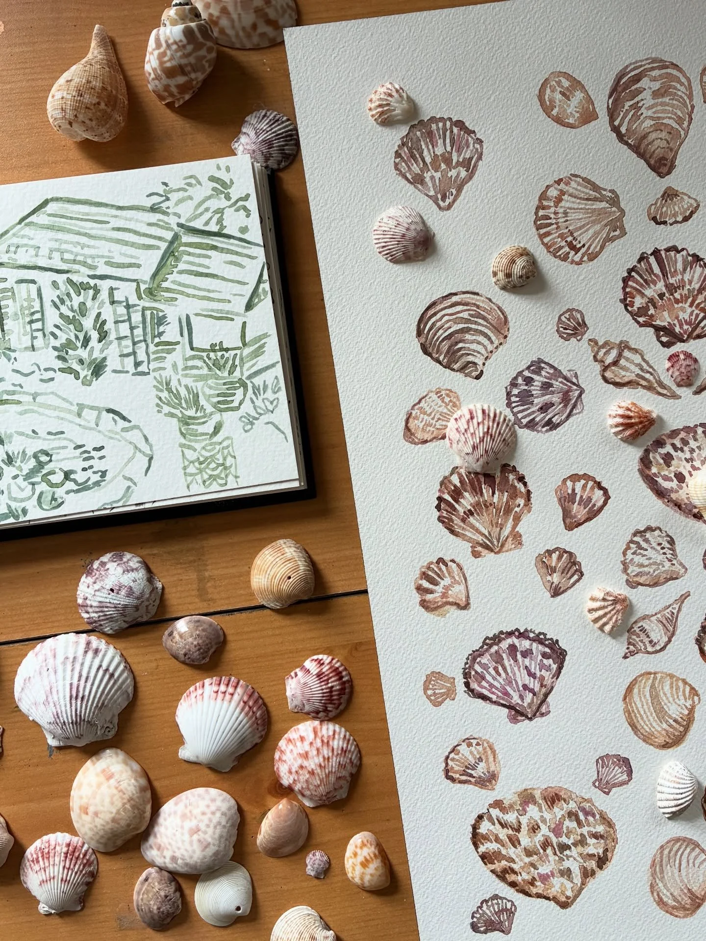 Mountains meet the sea on my workspace. With a possible snow day ahead, I'm diving into my art and prepping for Spring with some fresh art prints. My beach house collection is officially in the works. ✨