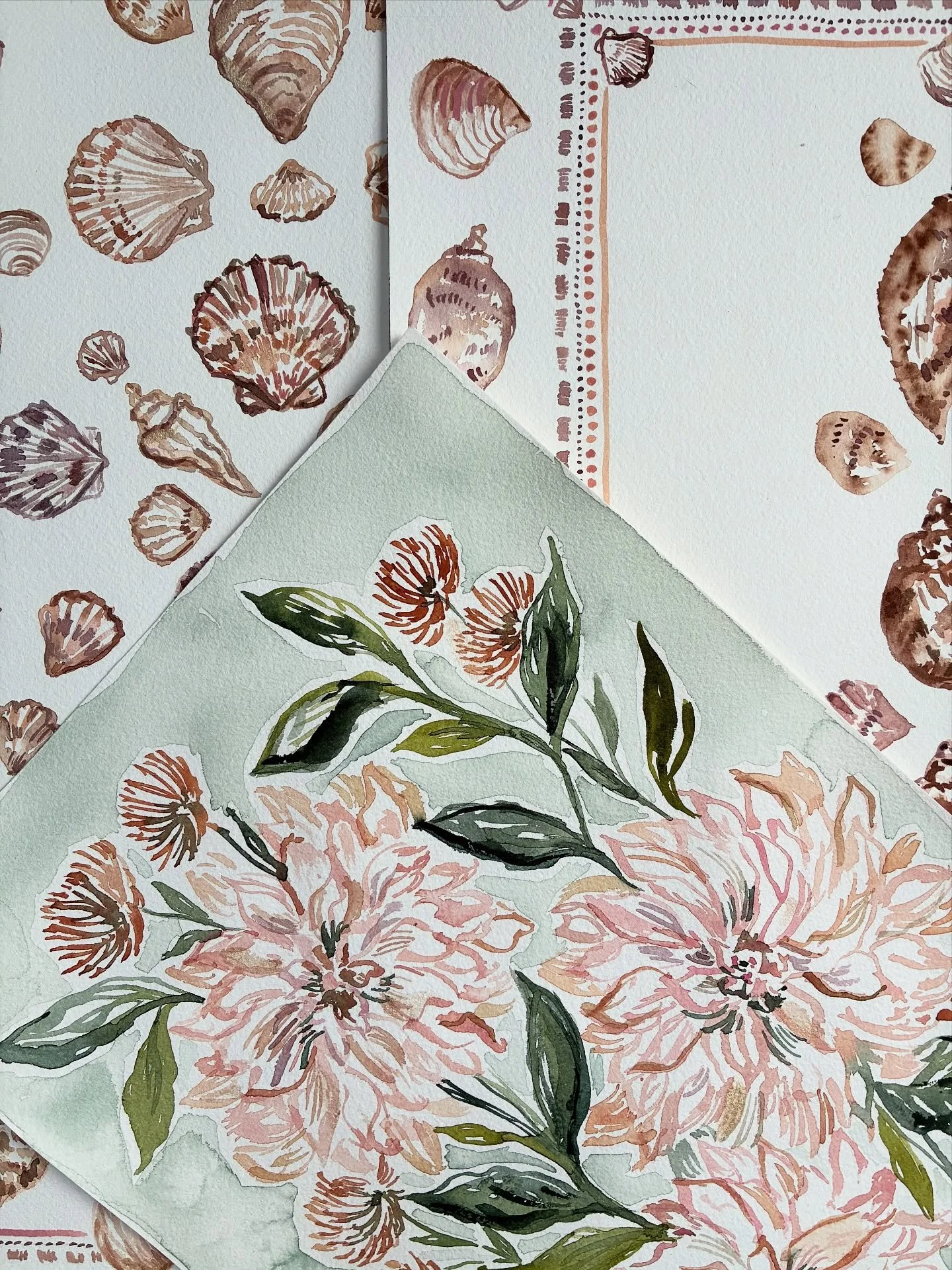 🌺 by the 🌊- current works in progress. My goal this year is to sell more original watercolor paintings- Prepping for Spring market inventory, but just send me a DM if you are interested in purchasing any art on my feed ✨