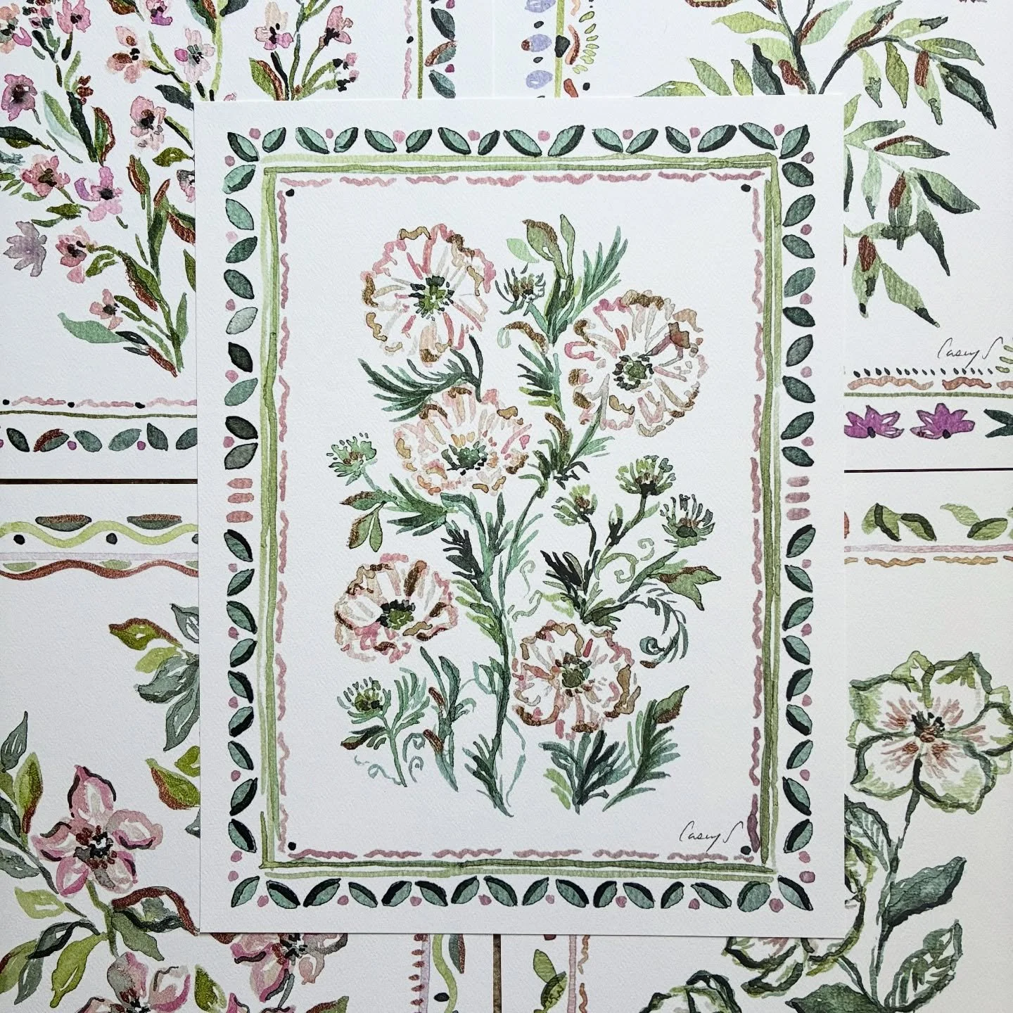 Bordered Botanical Collection Art Prints have arrived! Find them now at @juliemillerpottery and on my website (link in bio). The 6 designs are sold in sets of 3 art prints - purchase both set A &amp; B for a complete collection featuring hand-painted