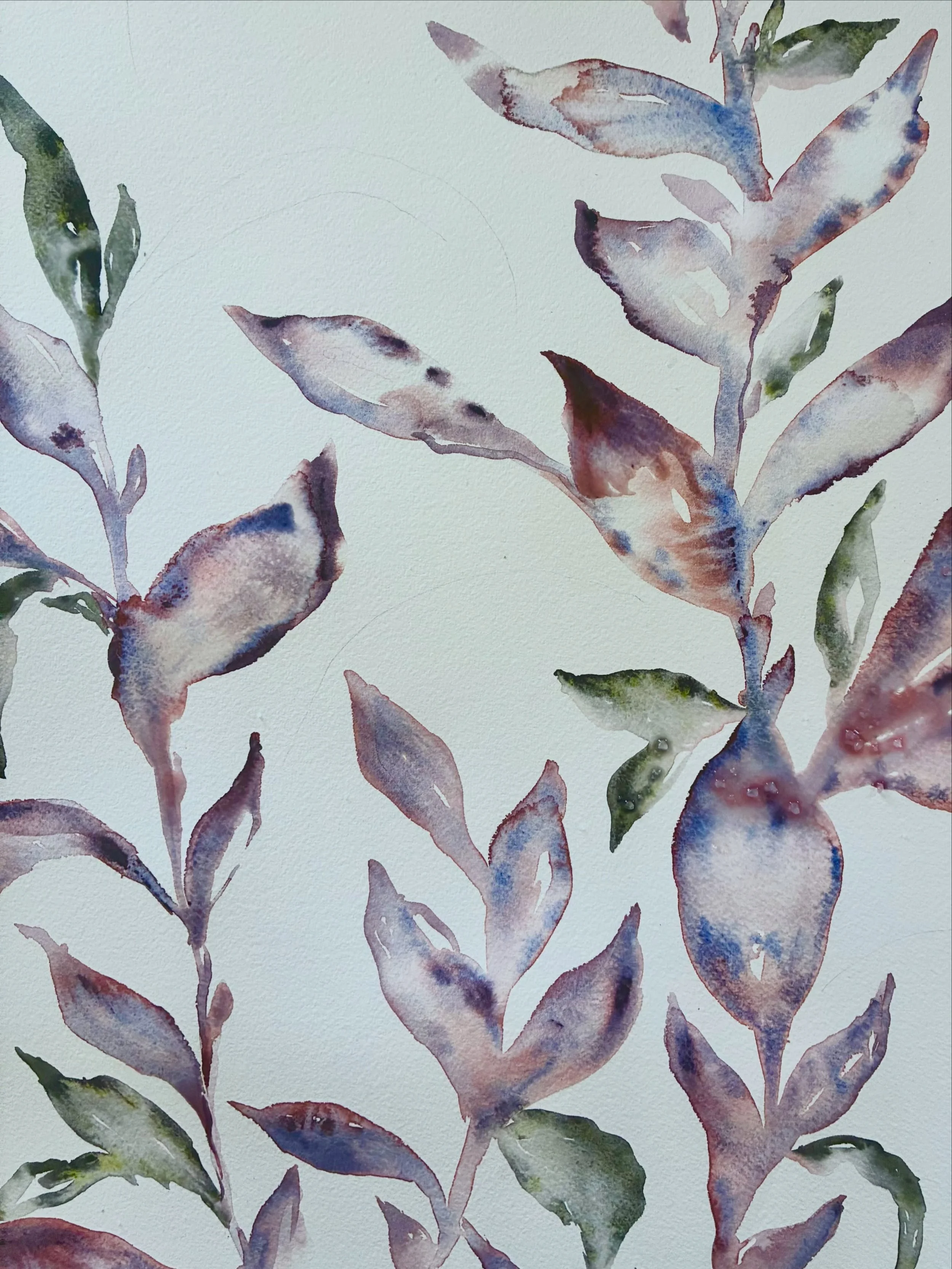 Granulating watercolor botanical painting in process ✨☀️🍃