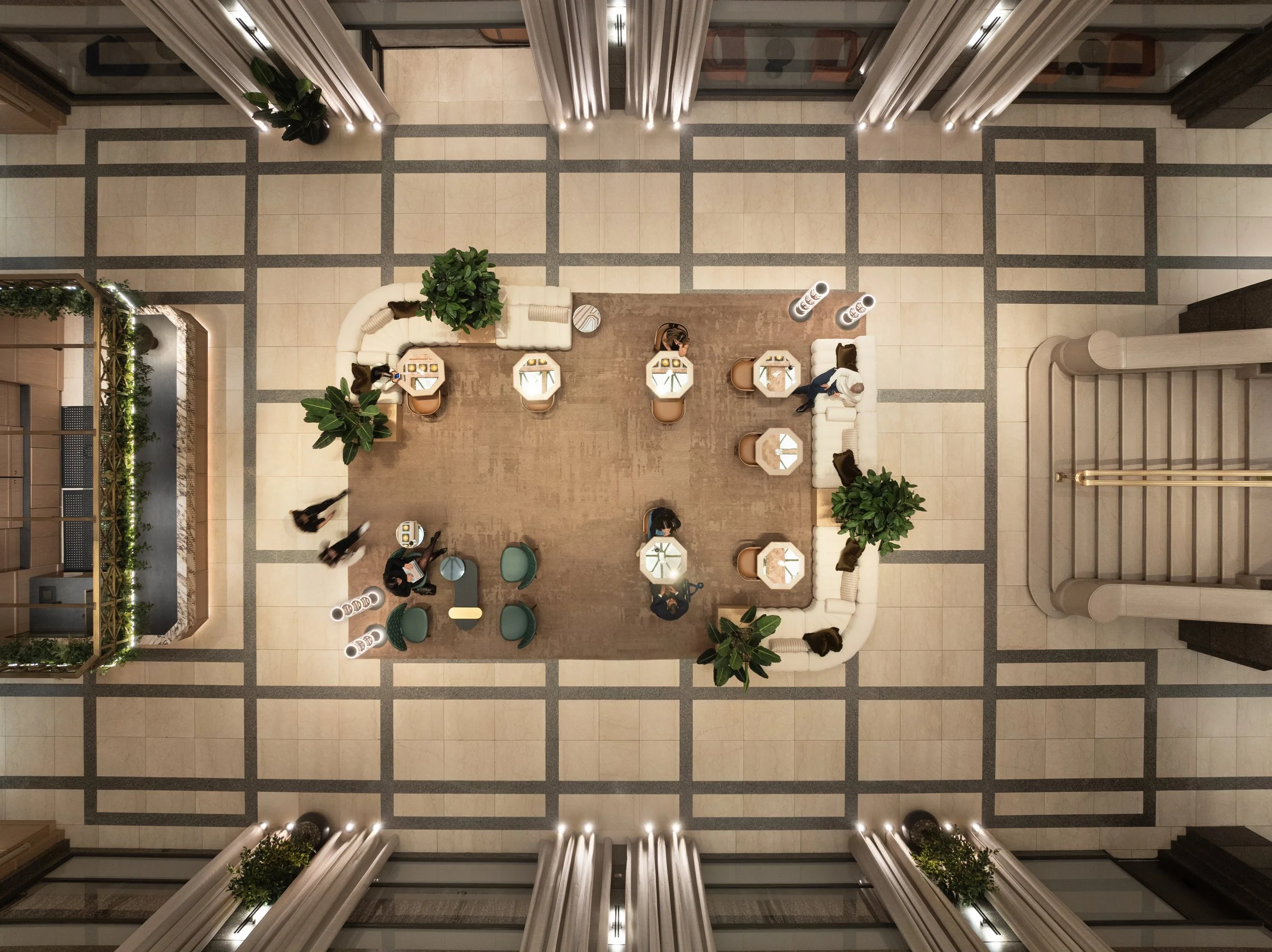  222 N. Lasalle   in Chicago, IL designed by  OTJ Architects  with lighting design by  Schuler Shook .

 Hospitality workplace interior architecture photography 