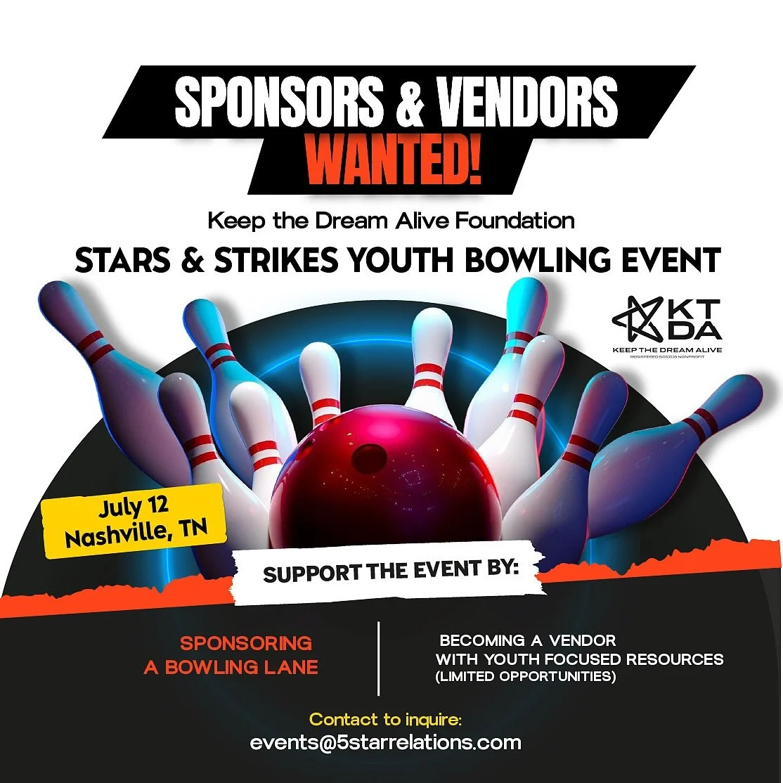 🚨 Calling Nashville businesses and vendors!

@keepthedreamalivefoundation is hosting their Stars &amp; Strikes Youth Bowling Event &mdash; and we&rsquo;re looking for sponsors + youth-focused vendors to be part of this exciting event! 🎳✨

If you or