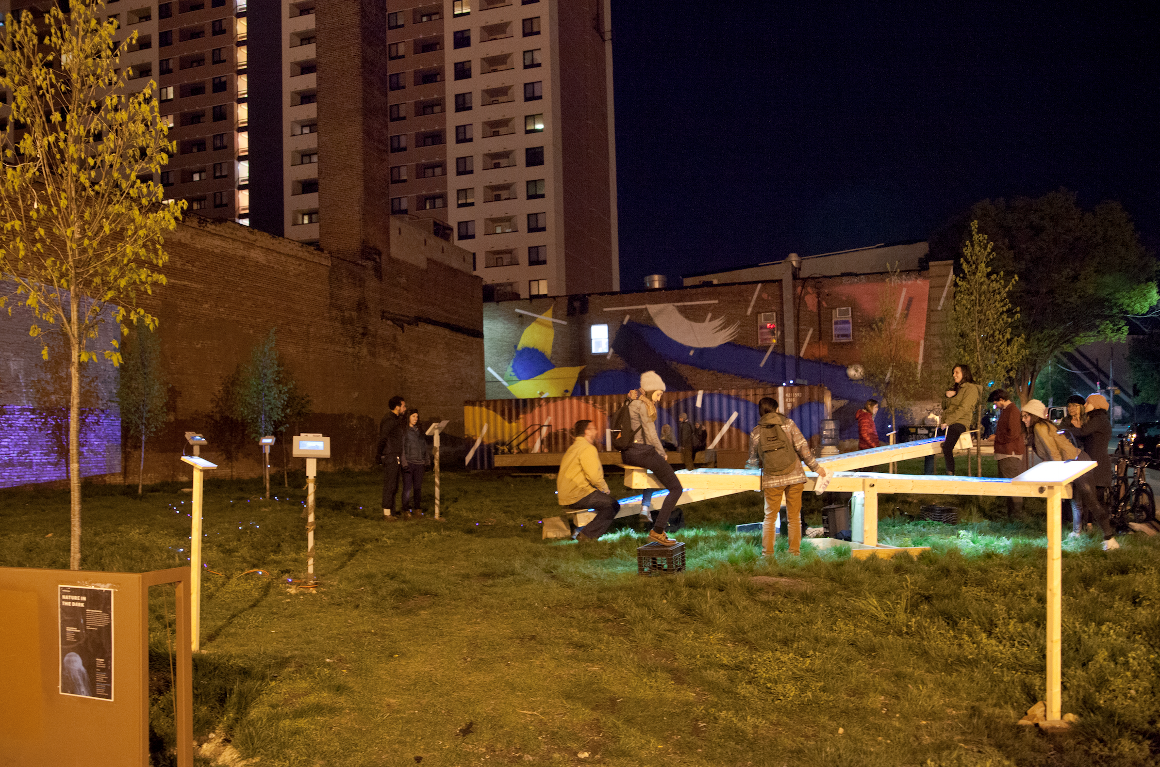 In April 2015 Nature in the Dark expanded its scope by eliciting Baltimore artists to respond to marine-life data from the Chesapeake Bay. The exhibition featured installation, video, sound, performance art, and web-based applications, allowing visitors to explore “nature” through a variety of sensory experiences, while simultaneously celebrating the bio-diversity of our vast and varied aquatic eco-systems. When curating Nature in the Dark differing exhibition spaces were tested to reflect the experimental process shared by artists and scientists. Here at the Ynot Lot the aim was to bring art and nature to an expanded audience, creating a place where the diverse local population could interact with each other through the art. Photo Credits: Kim Llerena