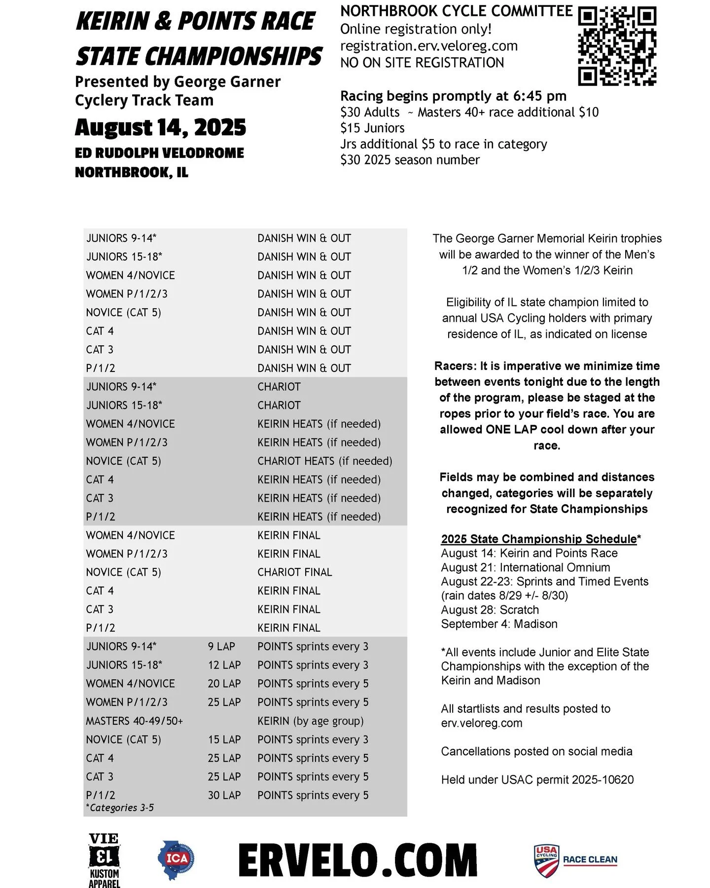 This Thursday: Keirin and Points Race State Championships sponsored by the George Garner Track Team. 

Racers: In order for us to get this program completed we need you to be ready and staged at the ropes/infield PRIOR to the end of the previous fiel