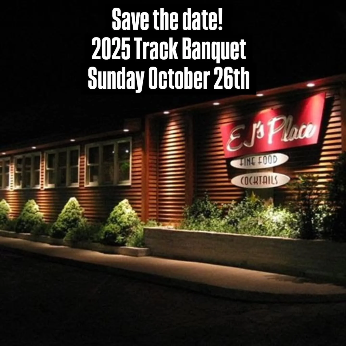 Save the date! This year's track banquet and silent auction will be Sunday, October 26th, at EJ's Place in Skokie. 5 pm cocktail hour with cash bar and family-style dinner at 6 pm.

Register online through Friday, October 24th, at 11:59 PM at registr
