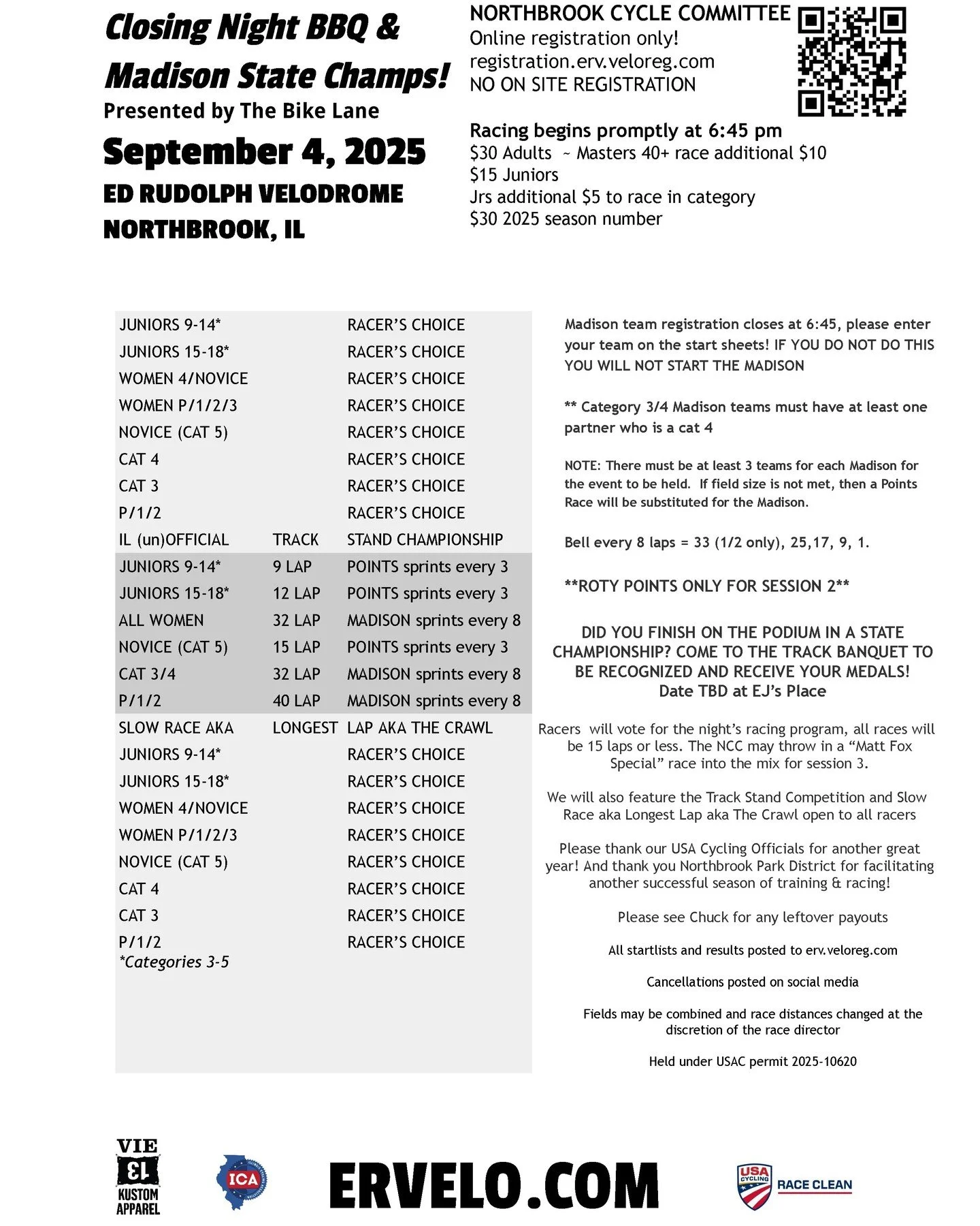 Hard to believe it but this week is our final week at the track for the 2025 season! In addition to our normal fun races and program chosen by the racers, we will be hosting the makeup of the Madison State Championships s/b The Bike Lane! 

We have a