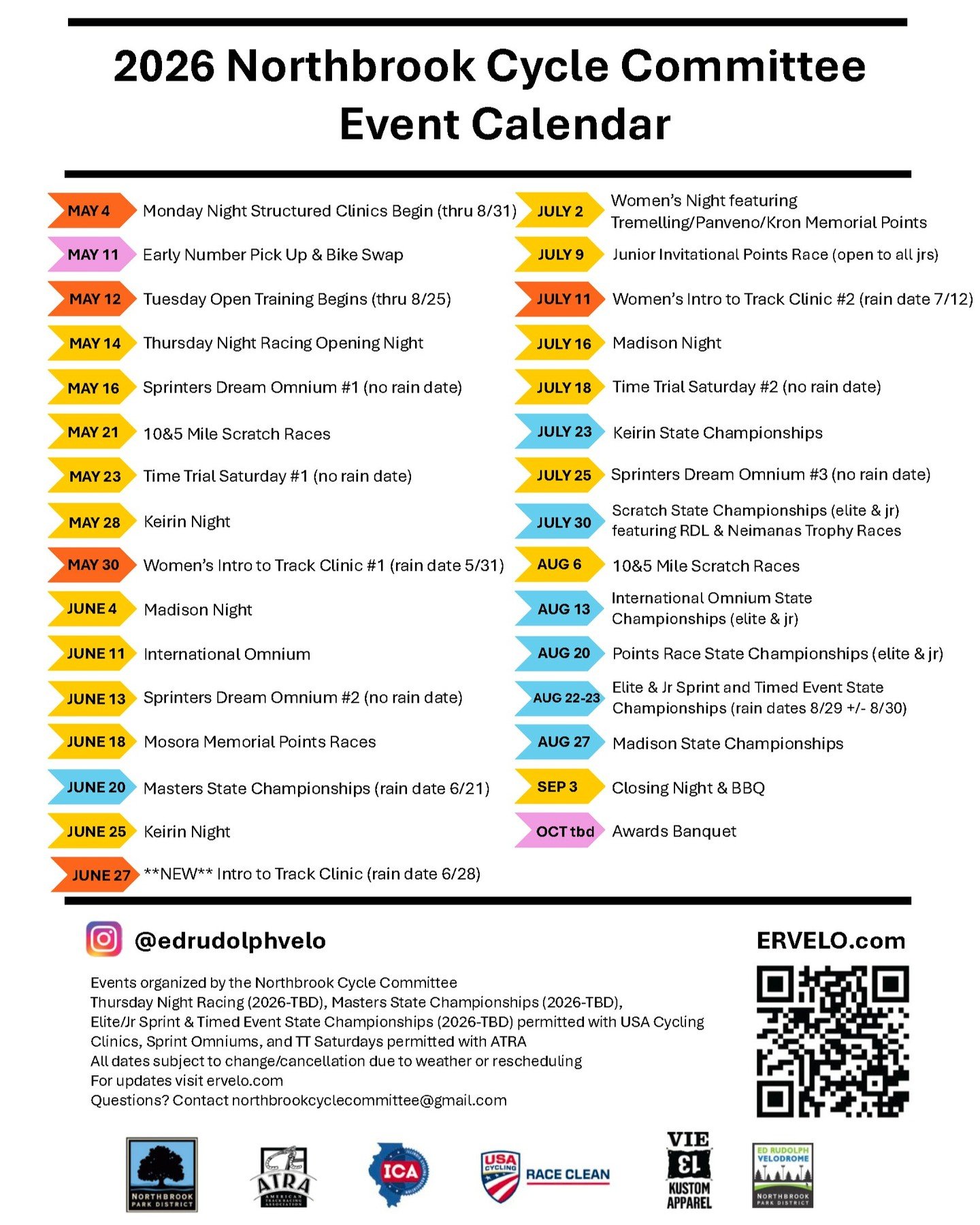 We are two months away from the start of the 2026 ERV track racing season! 

NEW FOR 2026
We added a second Women's Intro to Track Clinic!

We are also devoting at least one Monday Night to women only! (date tbd)

We added Saturday Intro to Track Cli