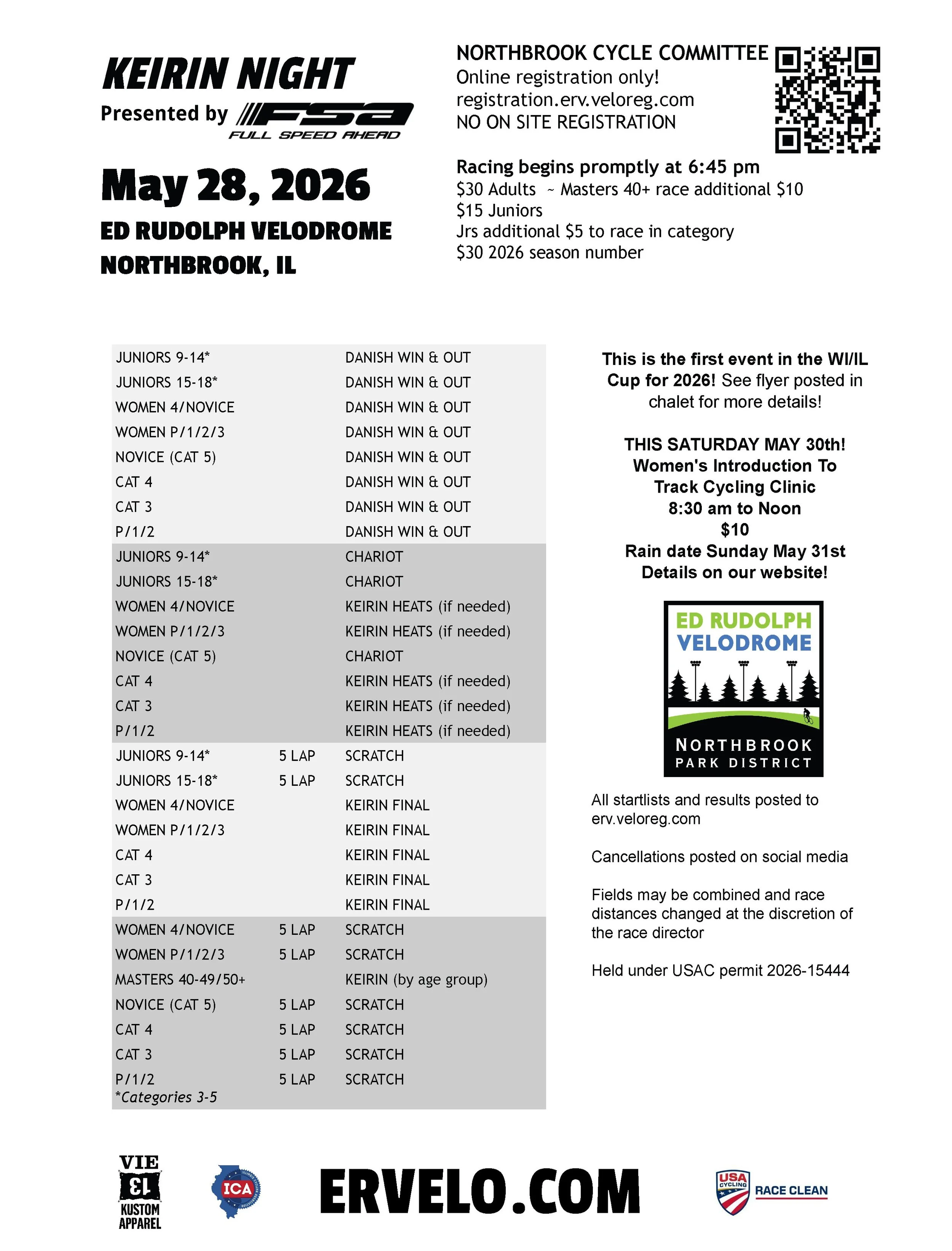 Tomorrow night! Keirin Night s/b FSA and the first Northbrook event in the WI/IL Cup Series!

Do your part to keep our nights on time this season: Be ready for the start of your race by staging in the stands or by the ropes during the prior field's r