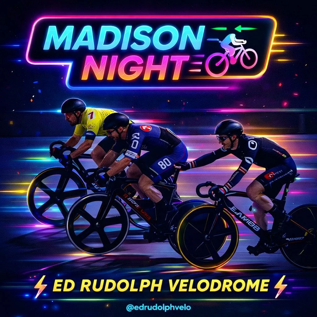THIS THURSDAY MADISON NIGHT AT THE VELODROME!

Two riders. One team. Infinite chaos &mdash; in the best possible way. 🔥

The Madison is back on the boards at Ed Rudolph! Watch riders launch their partners through the pack like a human slingshot, tag