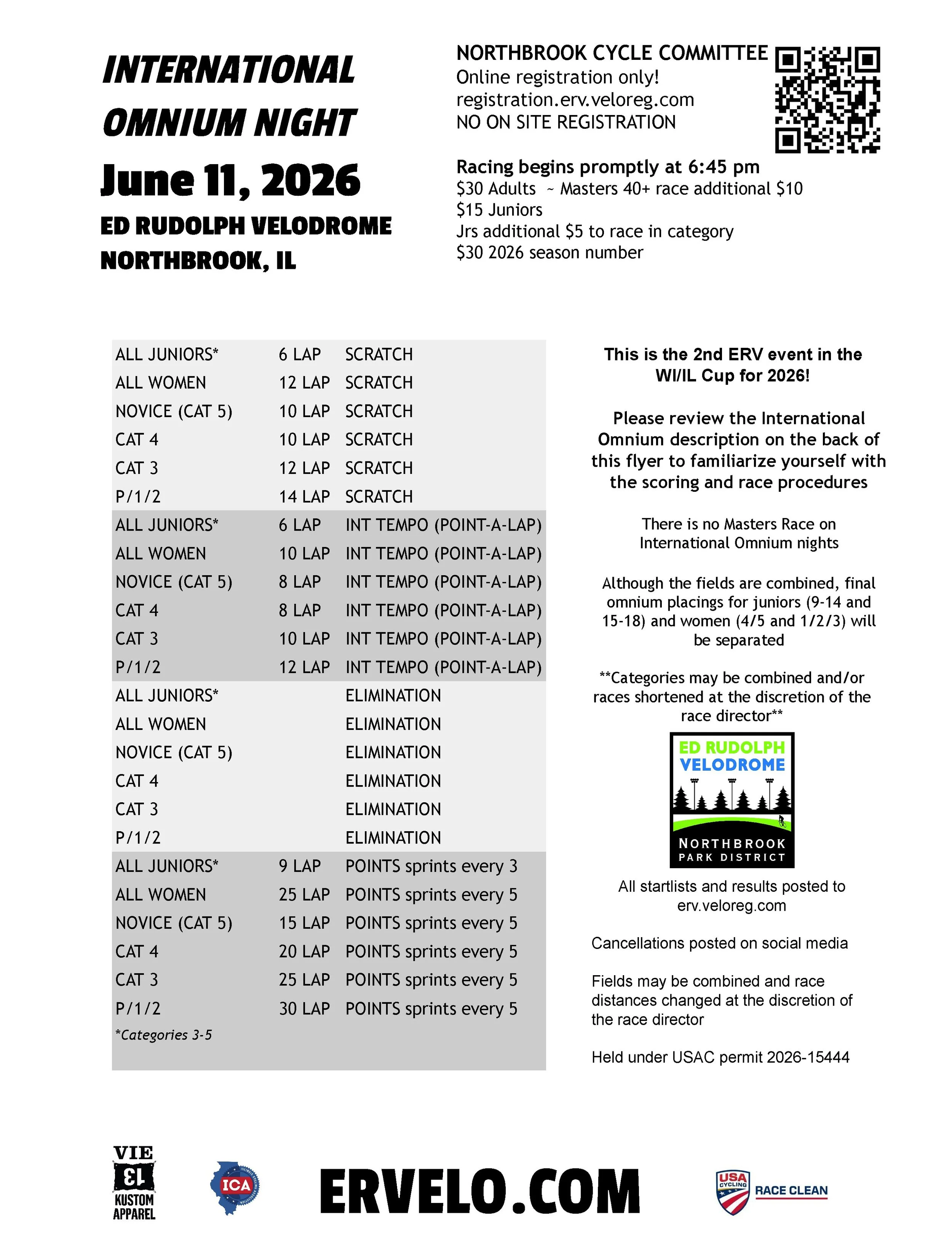 This Thursday is the first International Omnium of the season and the second ERV event in the WI/IL Cup for 2026!

This is the only program where each field gets 4 races in a night! There is no Masters race on International Omnium night.

**Weather c