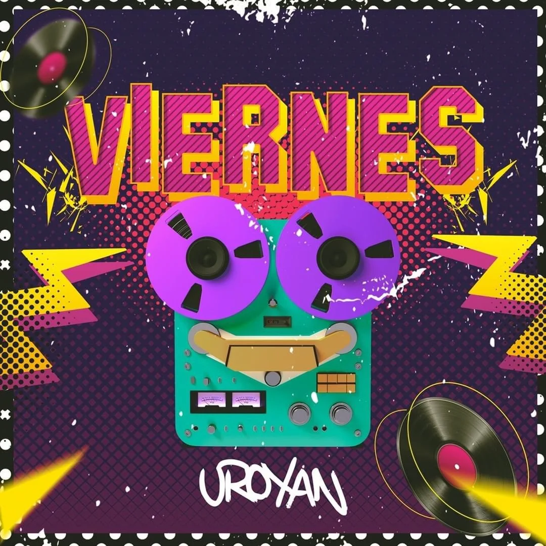 Diseño artístico con texto "VIERNES", rodillos de cinta en colores brillantes y discos de vinilo en un estilo retro.