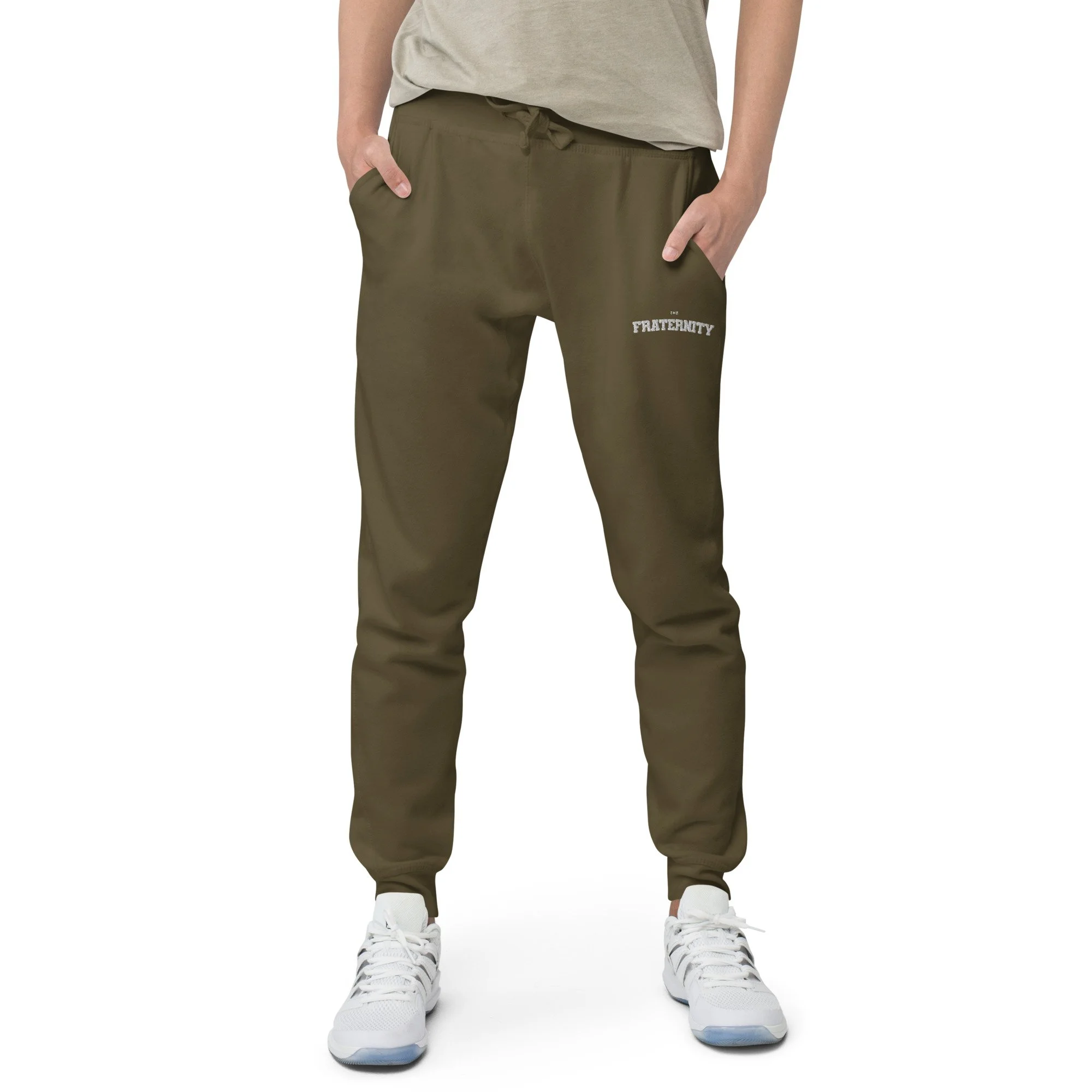 unisex-fleece-sweatpants-military-green-front-657b0ef8b2544.jpg