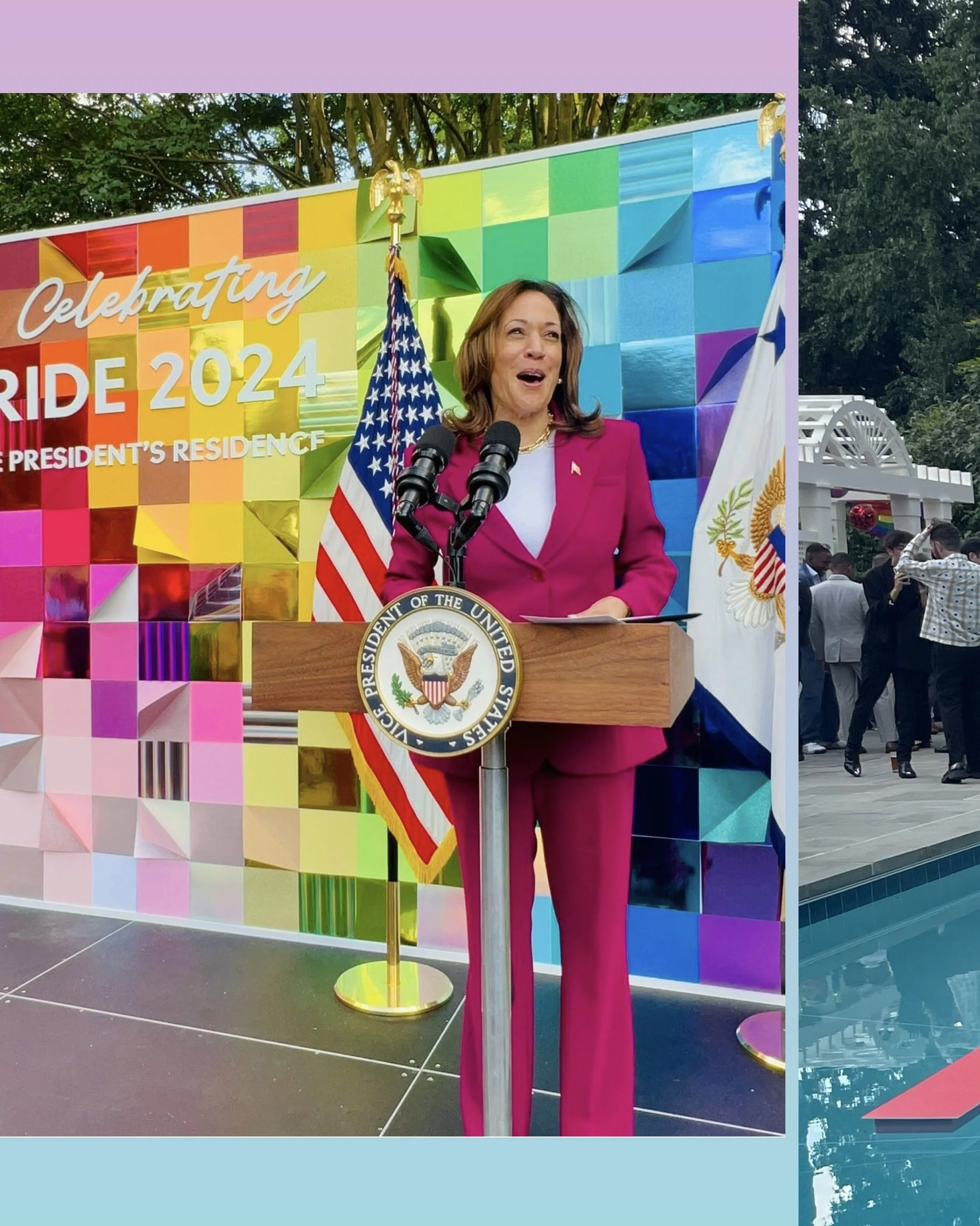 Vice President Kamala Harris delivering remarks at the 2024 Pride Celebration held at the Vice President’s Residence, a vibrant event celebrating LGBTQ+ leadership and community. 