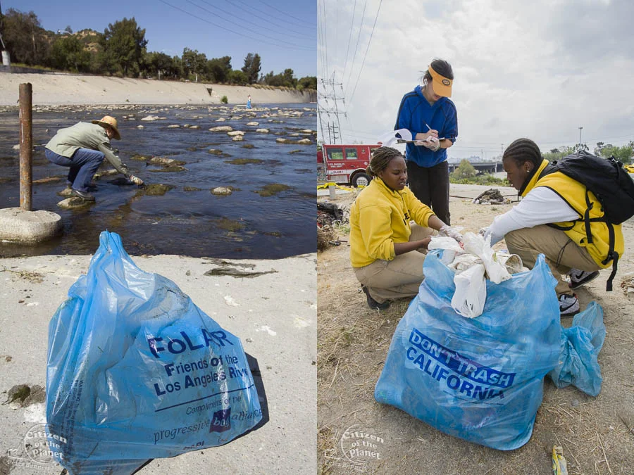 Americorps volunteers sorting trash at FoLAR's River School Day of the LA River. This half-day event gives students an opportunity to participate in a River cleanup and educational activities that teach about the connection between storm drains, the River a the ocean and the importance of healthy watershed management. Los Angeles, California, USA.