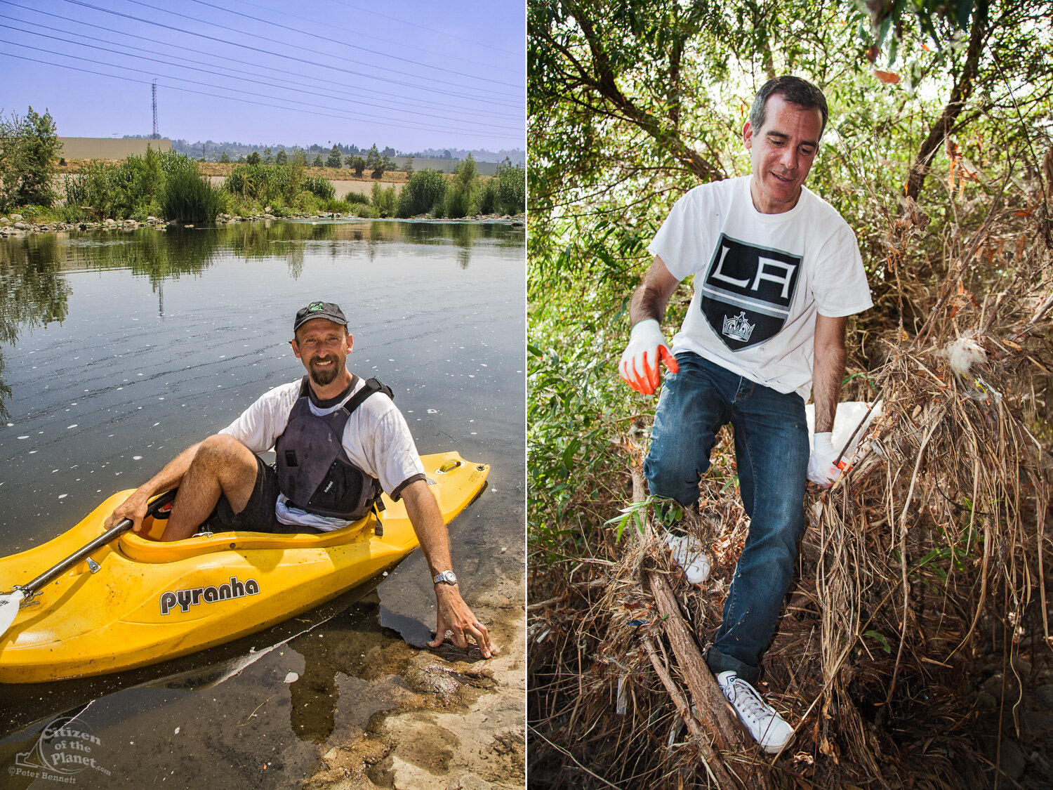  Kayaker and LA River activist George Wolfe.  LA Mayor Eric Garcetti at LA River clean-up. 