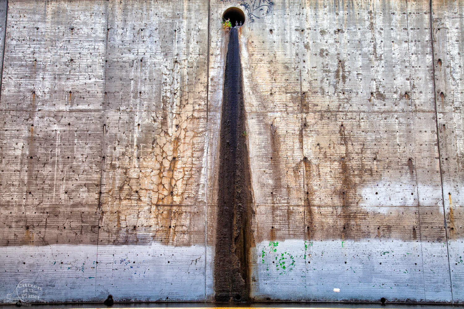  Drain Pipe and pigeons at The Confluence. The Confluence is where the Arroyo Seco and LA River meet, and the site the original settlement of Los Angeles started. It now has towering concrete walls lining this segment of the river and drain pipes whe