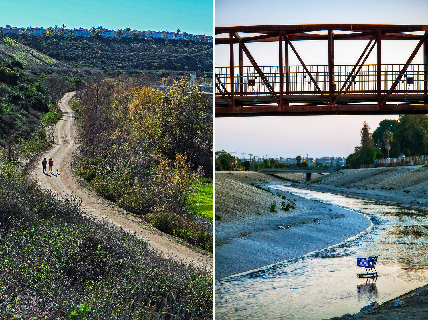  A maintenance road offers locals an area for walking, it is located between the Playa Vista development and the bluffs of Westchester and Loyola Marymount University.  A shopping cart under a pedestrian bridge in Ballona Creek in Culver City. 