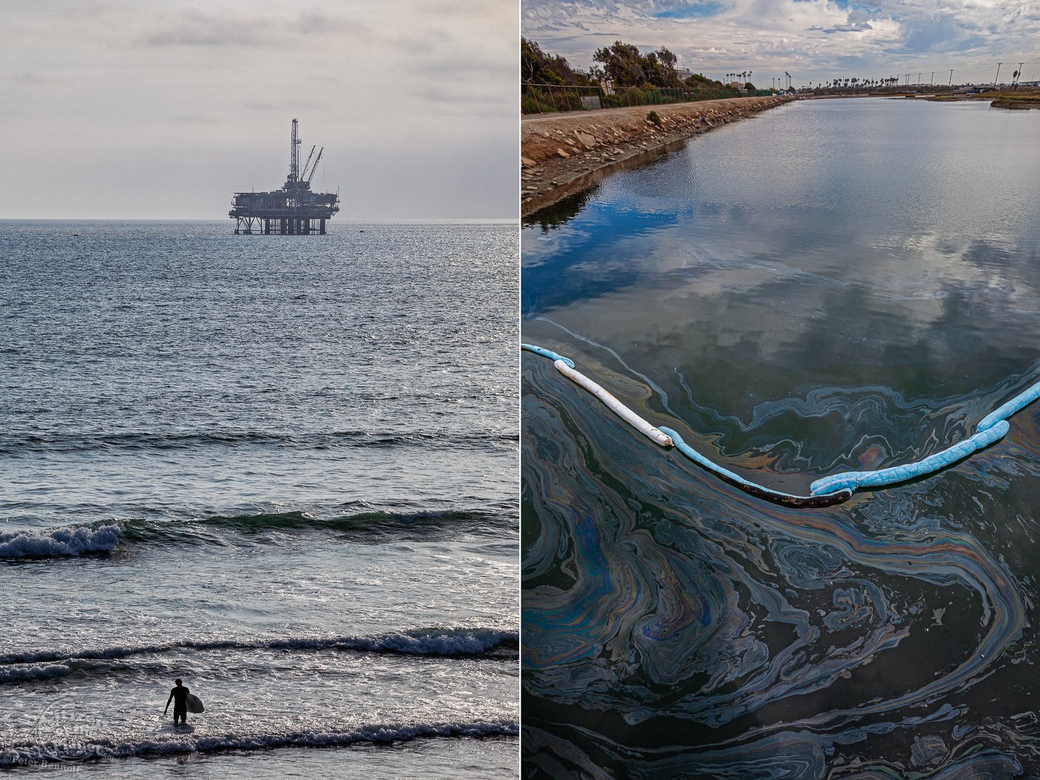  Oil Derrick and surfers off coast of Huntington Beach.   A boom blocks an oil slick in the Talbert Marsh after the Huntington Beach oil leak. 