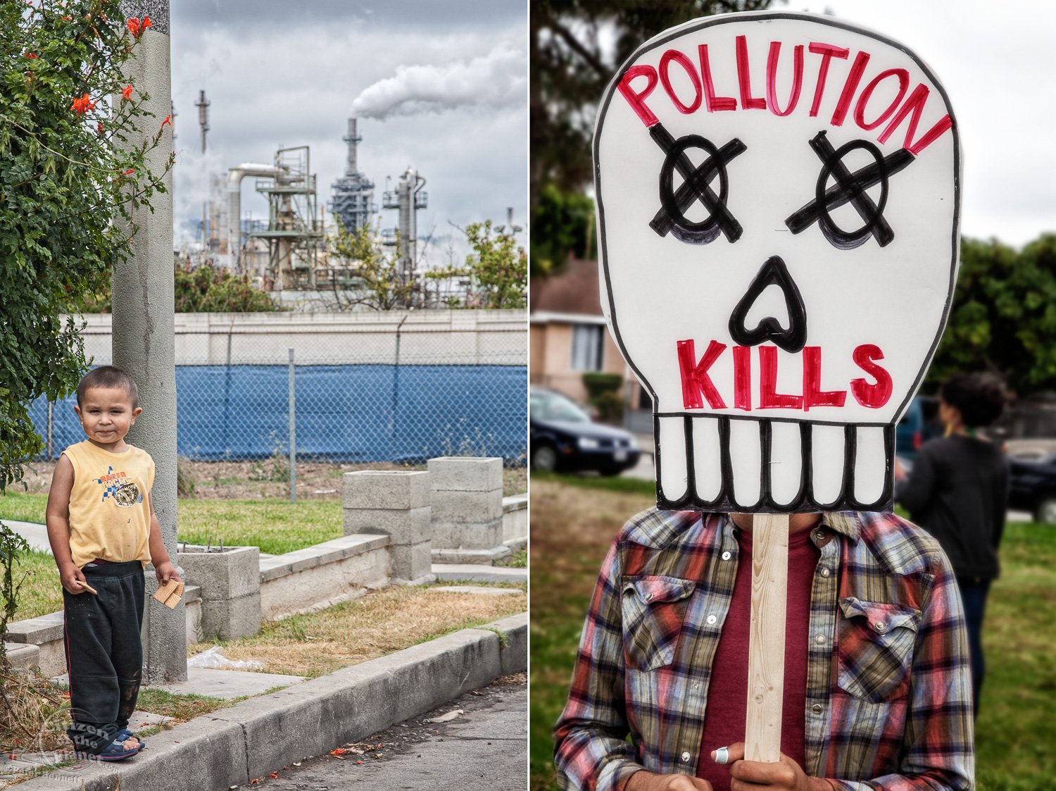  Young boy plays in the shadow of an oil refinery in Wilmington.   Residents of Wilmington protest  the Tesoro Oil refinery headquarters. 