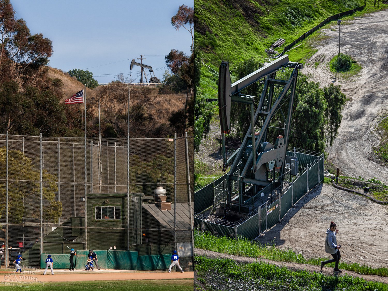  A Little League game is played in the shadow of the Inglewood Oil Field in Culver City.   A young woman jogs past an active pumpjack in the City of Signal Hill. 