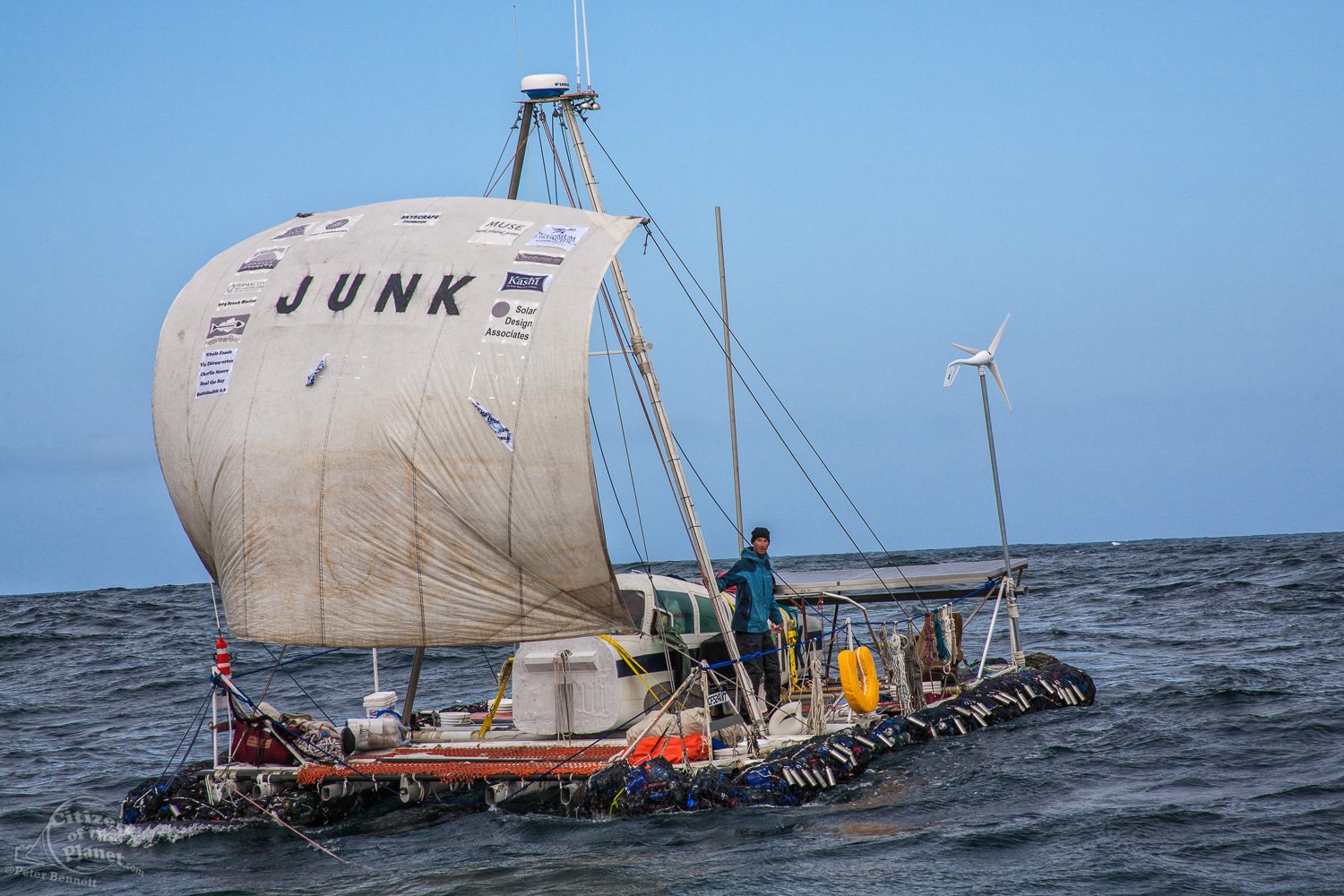  On the third day of the trip the “Junk” sets sail about 65 miles from shore. On Sunday June 1, the raft named "Junk"  left Long Beach for it’s 2100 mile voyage to Hawaii to bring attention to the plastic marine debris (nicknamed the plastic soup) ac