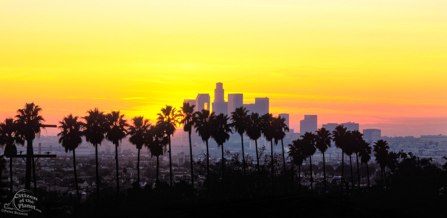 Los Angeles skyline and sunset, panoramic