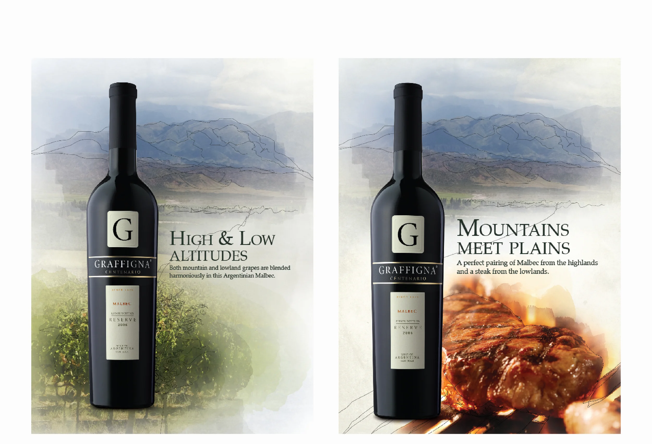 CORE LOOK OPTION 2 We created two different core looks for the brand to choose from. The core visuals focused on the meeting in the middle of the two different locals. One layout of each set is the comparison of the valleys and the mountains. The alternative layout showcases the food pairings with the wine.