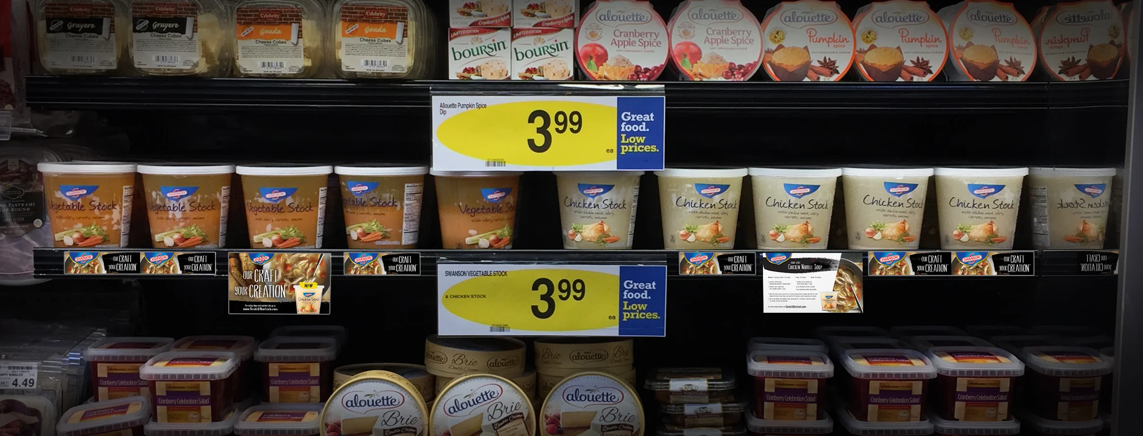 If consumers were not reached before their shopping trip to drive them to the refrigerated deli cases, we needed to find a way to get their attention in store. We created bold at-shelf signage that includes information, recipes and a coupon to drive purchase.
