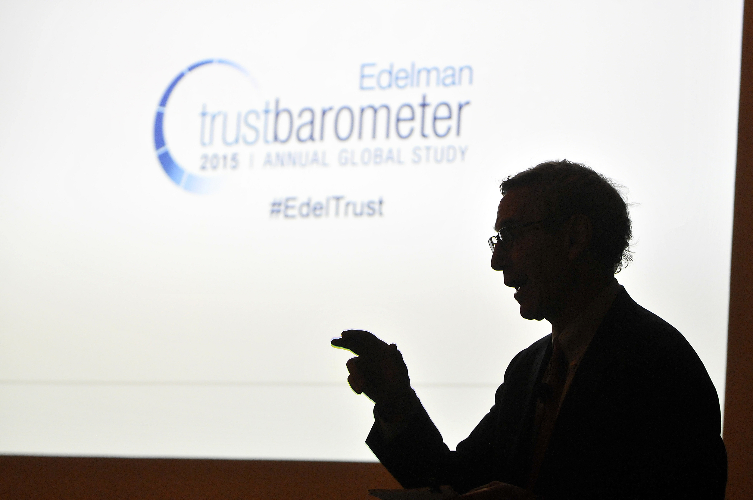  Richard Edelman, President &amp; CEO of Edelman, discusses the 2015 Trust Barometer in front of a San Francisco audience Feb. 12, 2015. 