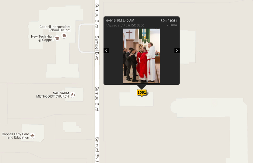 When looking at the Map module in Lightroom, I can tell that, for the folders selected, I shot 1,061 images at the church on the map. I also get a preview of the images that I can scroll through.