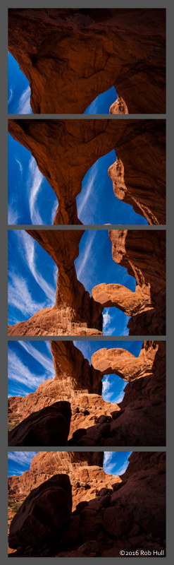 Five frames used to create a stitched panoramic photograph of Double Arch. The bottom image is directly in front of me and slightly below. The top image is directly behind me level with the horizon. Over 180° from one end to the other. 