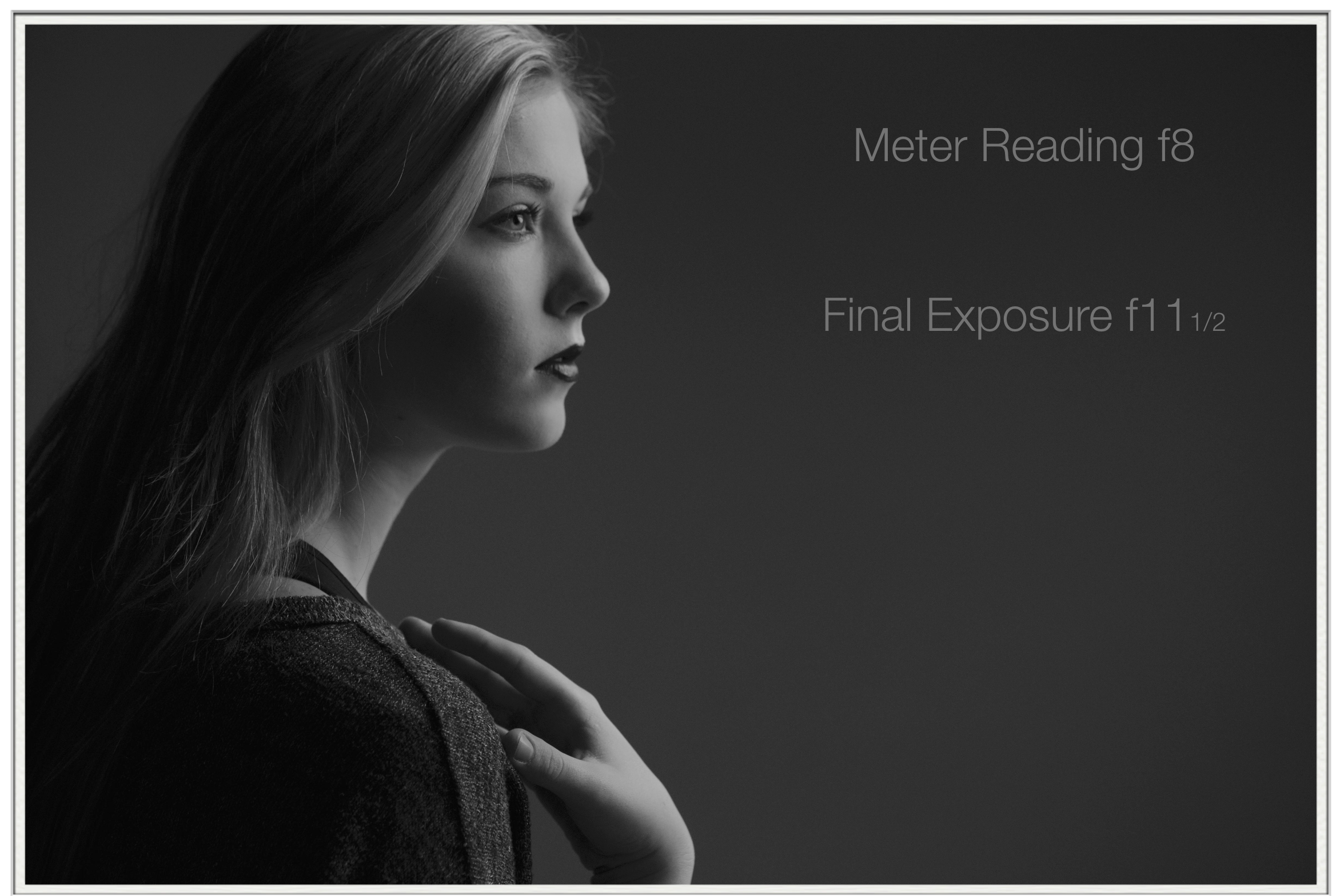 Again, this is shot with a single light source placed behind the subject, away from the camera. A 3x4 softbox creates a beautiful soft light but the camera was set one and a half stops below the meter reading of f/8 to avoid over exposure.
