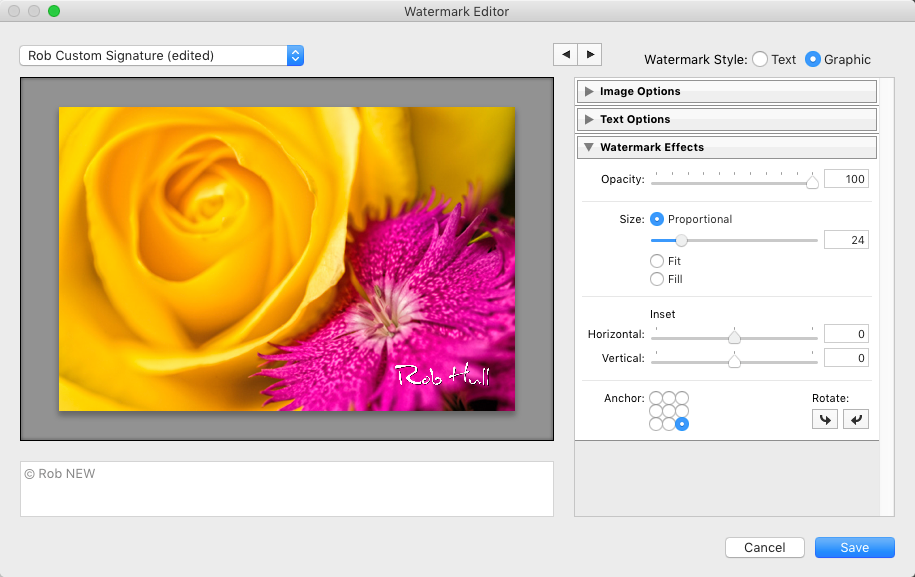 Watermarks are anchored within your image in one of nine preset locations. You can make slight adjustments horizontally and vertically to ensure that the mark does not fall too closely to the edge. 