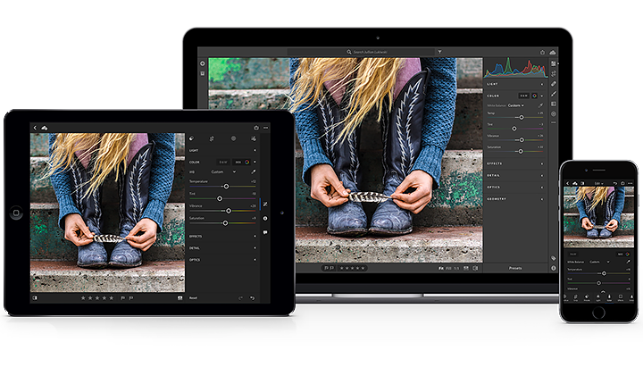 ©Adobe - Illustration showing Adobe Lightroom CC used across platforms - from desktop to web and your mobile devices. 